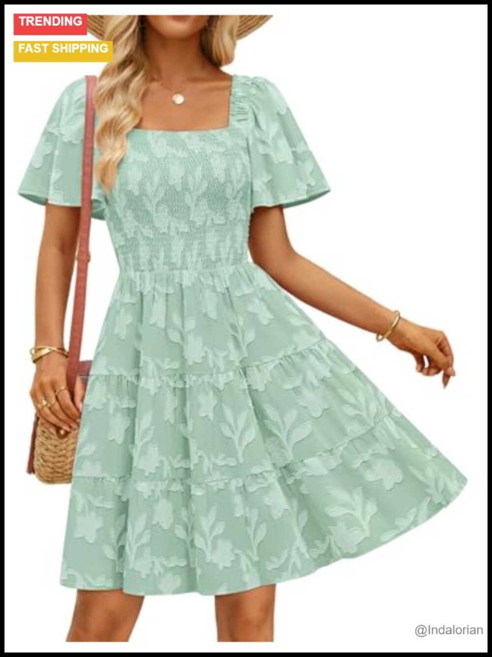 Boho Floral Flowy Mini Dress Smocked Square Neck Short Sleeve